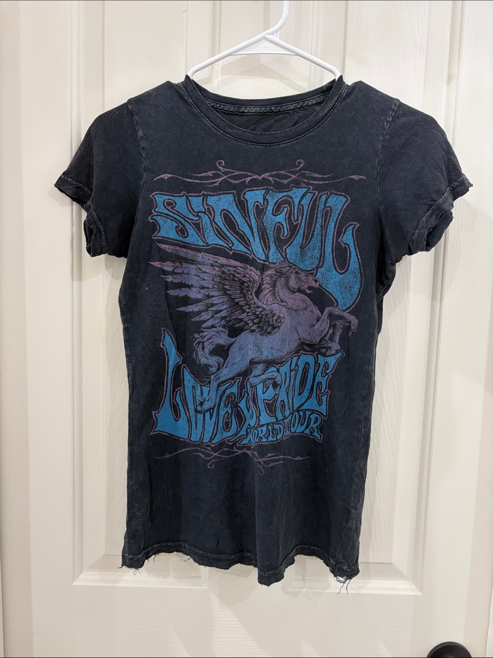 Sinful Vintage Black Tee with Blue & Purple Pegasus Graphic S small